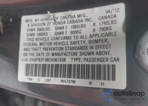 2012 Honda Civic Lx from USA, damaged, VIN 2HGFB2F58CH561938